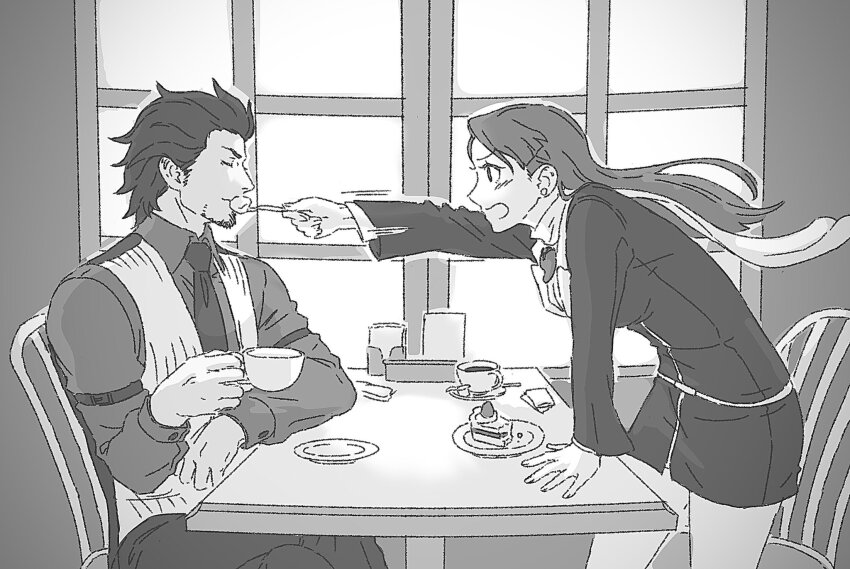 1boy 1girl ace_attorney arm_belt beard blush cake chair closed_eyes closed_mouth collared_shirt cowboy_shot cup diego_armando ear_piercing facial_hair food fork greyscale highres holding holding_cup holding_fork jewelry lcageki long_hair long_sleeves magatama magatama_necklace mia_fey monochrome necklace necktie pants phoenix_wright:_ace_attorney_-_trials_and_tribulations piercing plate profile scarf shirt sitting skirt smile standing table vest
