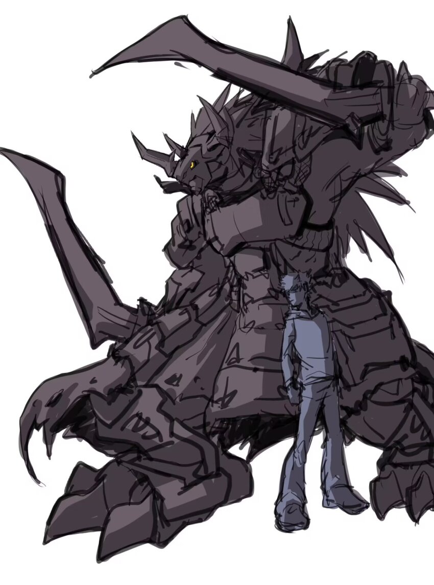 armor claws digimon digimon_(creature) dual_wielding gaioumon highres hiiragi_takumi holding looking_at_viewer sword weapon yellow_eyes