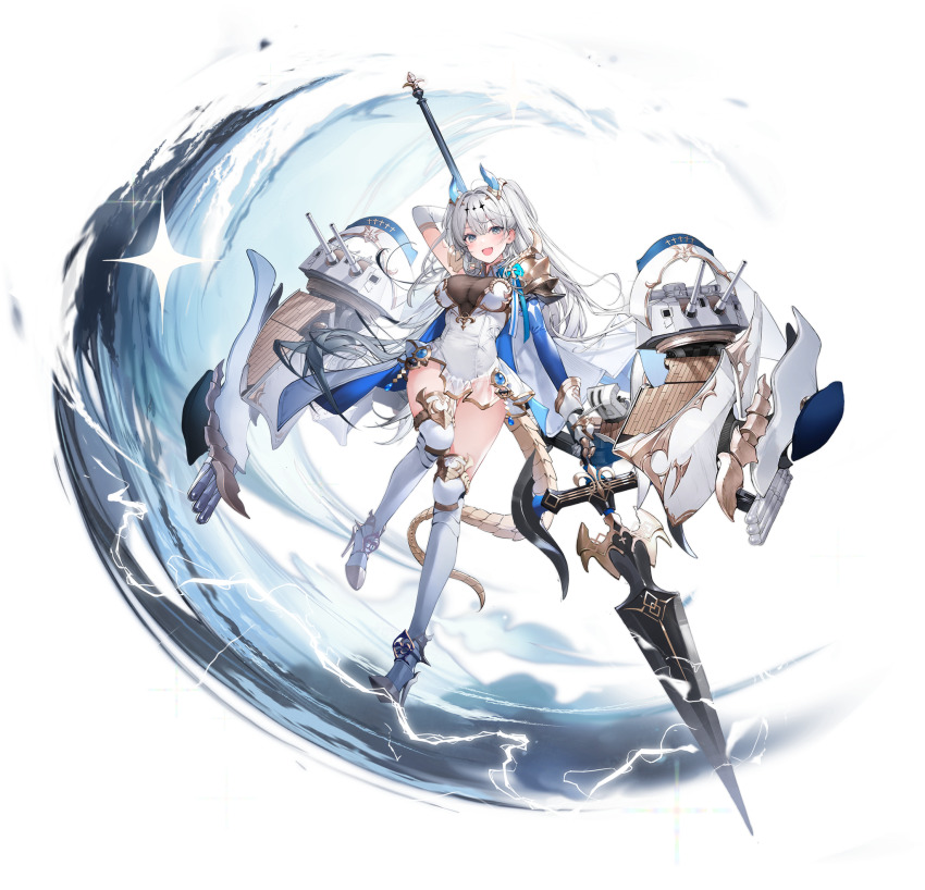 1girl armor artillery asymmetrical_sleeves azur_lane blue_sleeves breasts center_opening dress full_body gauntlets grey_hair high_heels highres holding holding_polearm holding_weapon horns iris_libre_(emblem) kneehighs lentain long_hair looking_at_viewer mechanical_tail medium_breasts microdress official_art open_mouth pauldrons polearm rigging see-through_clothes see-through_dress ship_turret shoulder_armor single_pauldron socks solo spear standing standing_on_one_leg suffren_(azur_lane) tail torpedo_tubes very_long_hair weapon white_dress white_sleeves white_socks