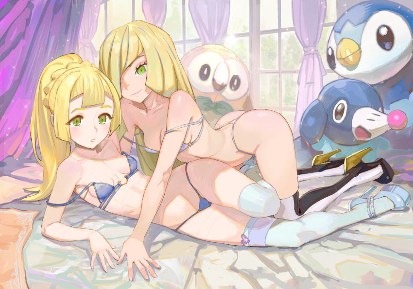 2girls all_fours alternate_costume ass bikini blonde_hair blue_bikini blue_shoes breasts character_doll closed_mouth collarbone commentary_request curtains day doll double_strap_slip eyelashes eyeshadow gen_4_pokemon gen_7_pokemon green_eyes high_heels indoors lillie_(pokemon) long_hair looking_down lusamine_(pokemon) makeup mother_and_daughter multiple_girls nintendo piplup pokemon pokemon_sm popplio rowlet shoes smile swimsuit thighhighs window yugen99