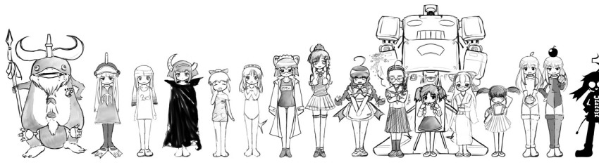 2003_server 2k-tan 6+girls 95-tan 98-tan everyone glasses greyscale lindows linux long_image me-tan mecha monochrome multiple_girls nt-tan os-tan os9 osx robot school_swimsuit school_uniform serafuku standing swimsuit thighhighs wide_image xp-tan