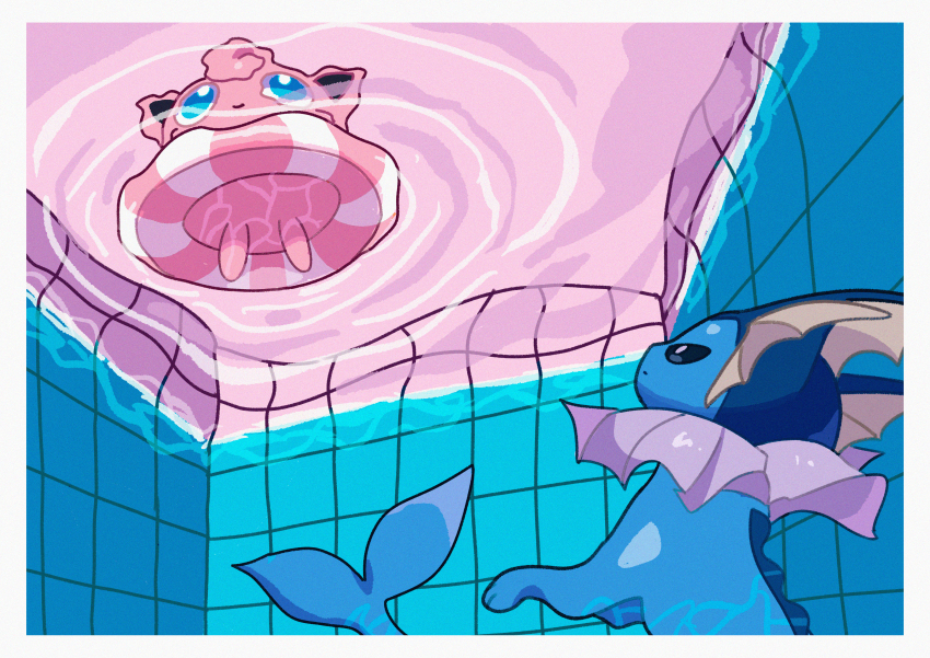 absurdres afloat closed_mouth commentary gen_1_pokemon highres innertube jigglypuff looking_up nintendo no_humans pokemon pokemon_(creature) pool ripples saiku_(zvlku) swim_ring tile_wall tiles vaporeon water