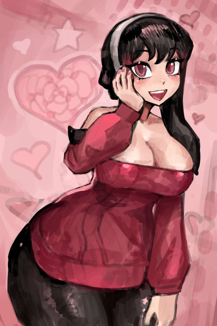 1girl bare_shoulders black_hair black_pantyhose breasts cleavage commentary english_commentary hairband hand_on_own_face heart heart_background highres large_breasts open_mouth pantyhose pink_background red_eyes red_sweater saiykik short_hair_with_long_locks smile solo spy_x_family sweater teeth upper_teeth_only white_hairband yor_briar