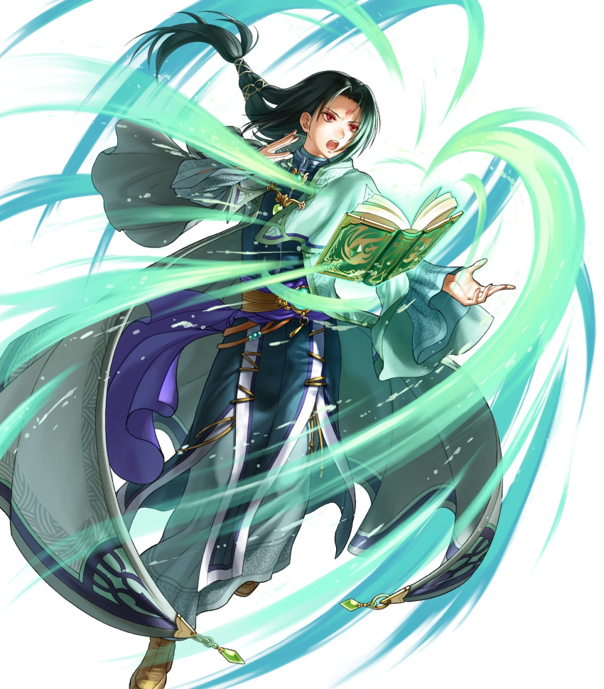 1boy black_hair book boots brooch brown_boots capelet casting_spell coat facial_mark fire_emblem fire_emblem:_radiant_dawn fire_emblem_heroes floating floating_book floating_object forehead_mark full_body gem glowing_book green_gemstone highres jewelry kita_senri long_hair magic male_focus nintendo non-web_source official_art open_book open_mouth red_eyes sash solo soren_(fire_emblem) soren_(radiant_confidant)_(fire_emblem) transparent_background waist_sash
