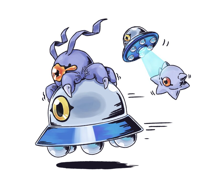 absurdres creature creature_focus digimon digimon_(creature) full_body highres kuramon monster monster_focus motion_lines no_humans oblivimon one-eyed raid_(donghyeok) simple_background speed_lines tsumemon ufo white_background