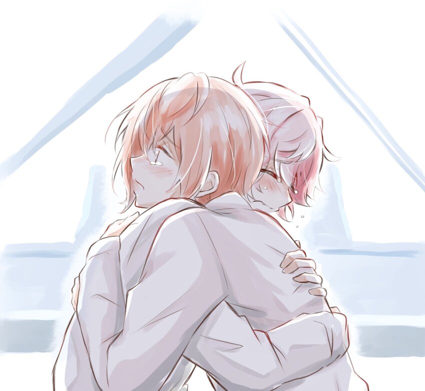 2boys blush closed_eyes closed_mouth crying crying_with_eyes_open hari_nyan_nyan highres hug instrument long_sleeves male_focus miyama_kei multiple_boys open_mouth orange_eyes orange_hair paradox_live piano pink_hair rokuta_(paradox_live) shirt short_hair tears white_background white_shirt
