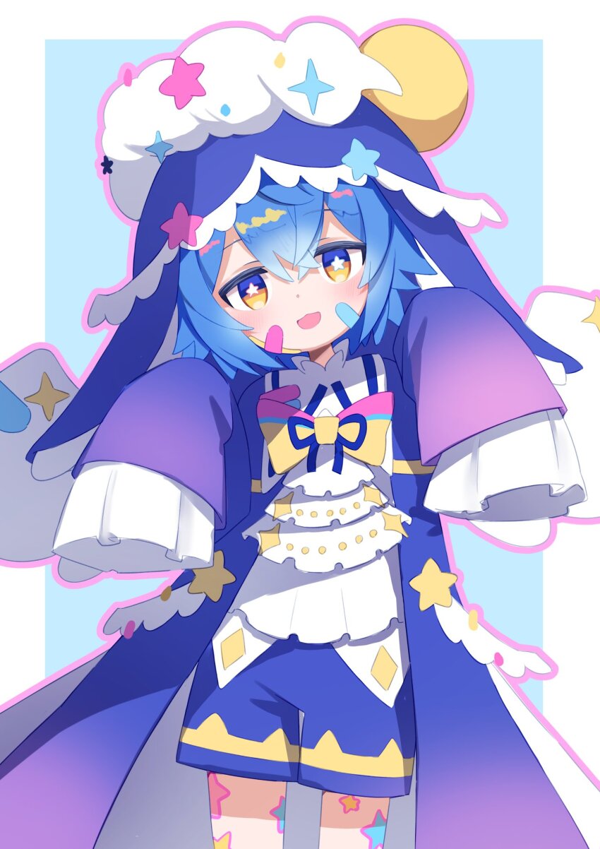 1girl :d bandaid bandaid_on_face blue_background blue_hair blue_shorts blush coat cowboy_shot fang frilled_sleeves frills hair_between_eyes highres long_sleeves looking_at_viewer open_mouth ribbon shipilka_(vrchat) shirt short_hair shorts six_box skin_fang sleeves_past_fingers sleeves_past_wrists smile solo star_(symbol) symbol-shaped_pupils vrchat yellow_eyes