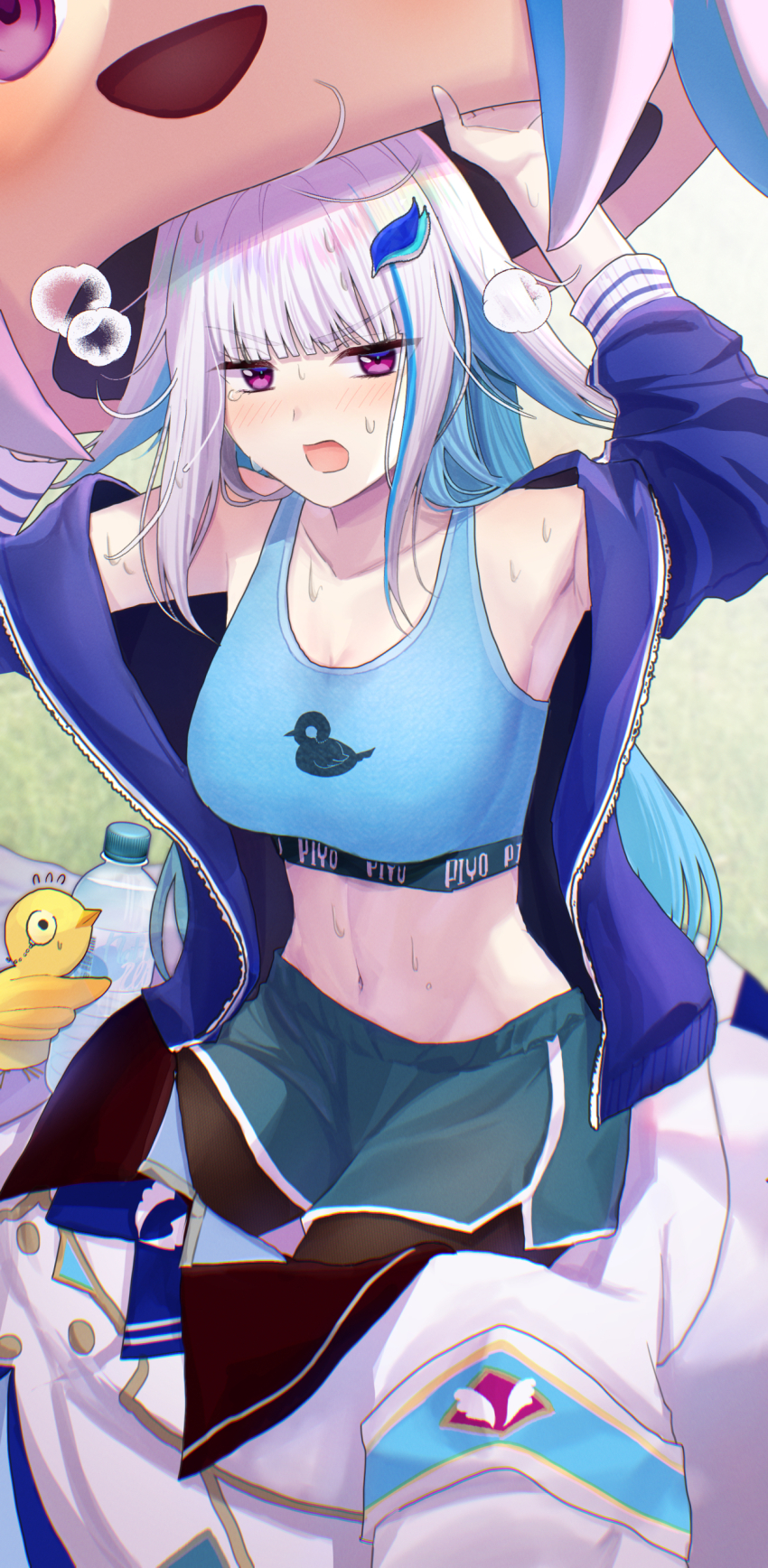 1girl absurdres alternate_costume animal_print aqua_shorts arms_up bird bird_print black_pantyhose blue_hair blue_jacket blue_tank_top blunt_bangs blush bottle breasts cleavage clothes_writing colored_inner_hair commentary_request cowboy_shot crop_top dolphin_shorts hair_ornament highres holding holding_bottle hot jacket kashiwagi_touko lize_helesta lize_helesta_(1st_costume) long_hair long_sleeves looking_at_viewer loose_hair_strand mascot_costume medium_breasts midriff monocle multicolored_hair navel nijisanji open_clothes open_jacket open_mouth pantyhose purple_eyes removing_costume sebastian_piyodore shorts sidelocks single_off_shoulder streaked_hair sweat tank_top tearing_up very_long_hair virtual_youtuber water_bottle white_hair yellow_bird