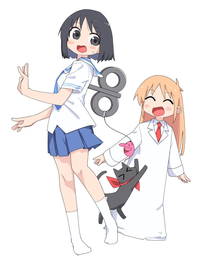 &gt;_&lt; 2girls :d ^_^ black_cat black_eyes black_hair blue_sailor_collar blue_serafuku blue_skirt cat cat_teaser closed_eyes closed_lab_coat highres knees_together_feet_apart lab_coat multiple_girls nichijou open_mouth orange_hair pigeon-toed professor_shinonome sailor_collar sakamoto_(nichijou) school_uniform serafuku shinonome_nano skirt smile socks surprised sweatdrop tokisadame_school_uniform white_background white_socks winding_key yachima_tana