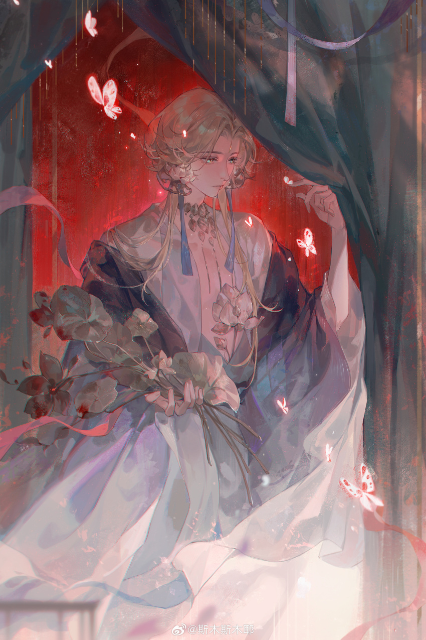 1boy absurdres animal artist_name bare_pectorals bishounen blonde_hair bug butterfly butterfly_on_hand closed_mouth curtains earrings facial_mark flower flower_earrings green_eyes highres holding holding_flower holding_leaf indoors insect jewelry leaf lips long_hair long_sleeves looking_afar lotus lotus_leaf male_focus onmyoji pectorals purple_ribbon red_butterfly red_ribbon ribbon smusmuye solo solo_focus taishakuten_(onmyoji) tassel tassel_earrings watermark weibo_watermark white_flower white_lotus wide_sleeves