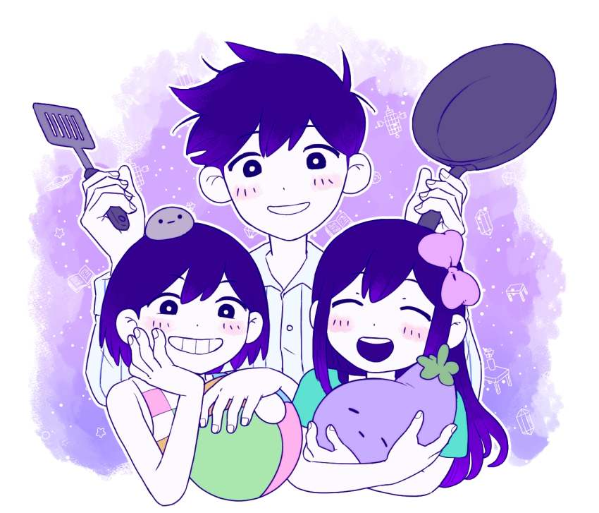 1girl 2boys aubrey_(headspace)_(omori) aubrey_(omori) ball blue_shirt blush bow bright_pupils closed_eyes colored_skin frying_pan grin hair_bow hero_(headspace)_(omori) hero_(omori) highres holding holding_ball holding_frying_pan holding_spatula holding_stuffed_toy kel_(headspace)_(omori) kel_(omori) long_hair long_sleeves looking_at_viewer miranosub mr._plantegg_(omori) multiple_boys omori open_mouth pajamas parted_lips pet_rock pink_bow purple_eyes purple_hair shirt short_hair short_sleeves smile spatula stuffed_eggplant stuffed_toy tank_top teeth upper_teeth_only white_pupils white_skin