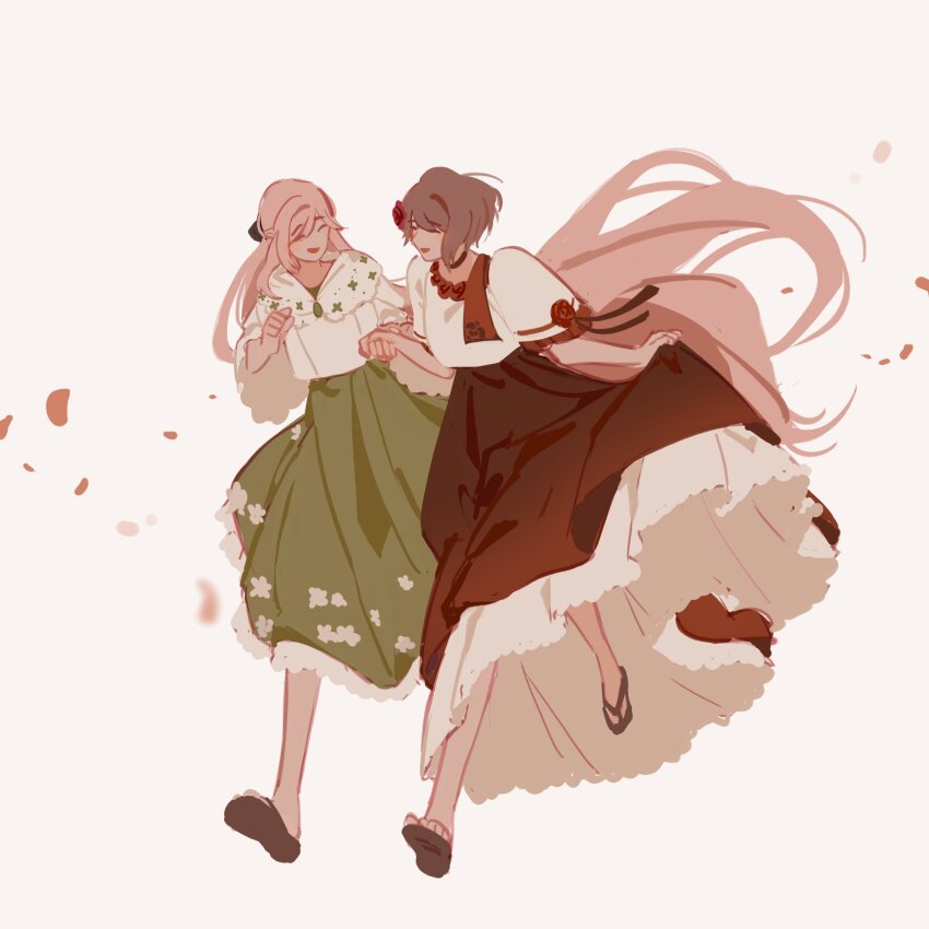 2girls absurdres alternate_costume blonde_hair brown_hair closed_eyes commentary durandal_(honkai_impact) english_commentary falling_petals filipino_clothes flip-flops floral_print green_skirt highres holding_hands honkai_(series) honkai_impact_3rd long_hair multiple_girls open_mouth petals puffy_short_sleeves puffy_sleeves red_skirt rita_rossweisse sandals shirt short_sleeves simple_background skirt very_long_hair white_background white_shirt wife_and_wife ylceon yuri