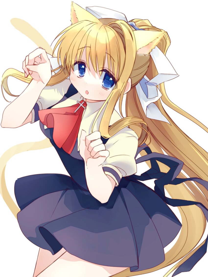 1girl :o air_(visual_novel) animal_ears ascot back_ribbon black_dress black_ribbon blonde_hair blue_eyes cat_ears cat_tail cross_brooch dress fang hair_between_eyes hair_ribbon highres kamio_misuzu kemonomimi_mode kotame_(mimokuji) leaning_forward long_hair looking_at_viewer open_mouth paw_pose ponytail puffy_short_sleeves puffy_sleeves red_ascot ribbon school_uniform shirt short_sleeves sidelocks simple_background single_hair_intake skin_fang solo tail upper_body very_long_hair white_background white_ribbon white_shirt