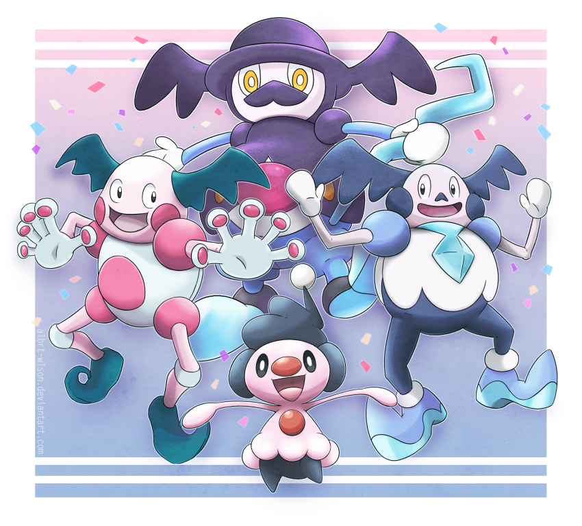 :d absurdres albrt-wlson black_eyes commentary creature english_commentary evolutionary_line full_body galarian_and_normal galarian_form galarian_mr._mime game_freak gen_1_pokemon gen_4_pokemon gen_8_pokemon happy highres looking_at_viewer mime_jr. mr._mime mr._rime nintendo no_humans open_mouth outstretched_arms pokemon pokemon_(creature) purple_background simple_background smile spread_arms standing yellow_eyes