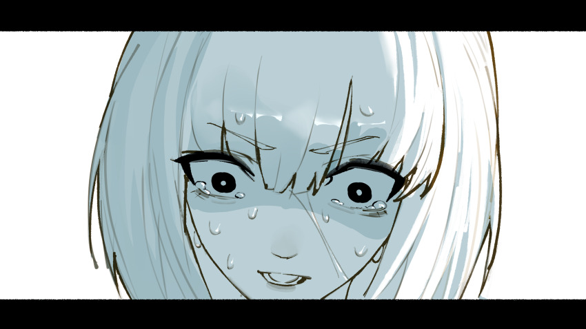 1girl arknights close-up crying highres kal&#039;tsit_(arknights) letterboxed lower_teeth_only monochrome open_mouth scared short_hair simple_background solo sweat teasmacker teeth white_background