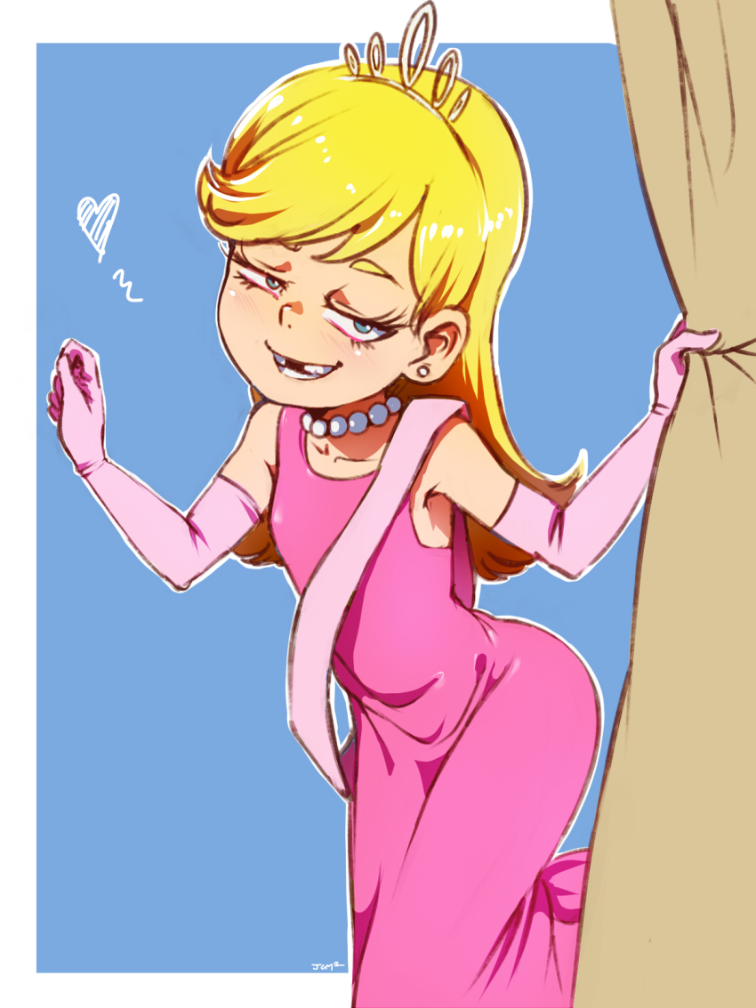 1girl bare_shoulders blonde_hair blue_eyes blush collarbone diadem dress earrings elbow_gloves eyebrows eyelashes feet_out_of_frame female_focus flat_chest gloves half-closed_eyes heart highres jcm2 jewelry lola_loud long_hair looking_at_viewer missing_tooth model necklace open_mouth pearl_necklace pink_dress pink_gloves simple_background smile solo standing tagme the_loud_house tiara uneven_eyes
