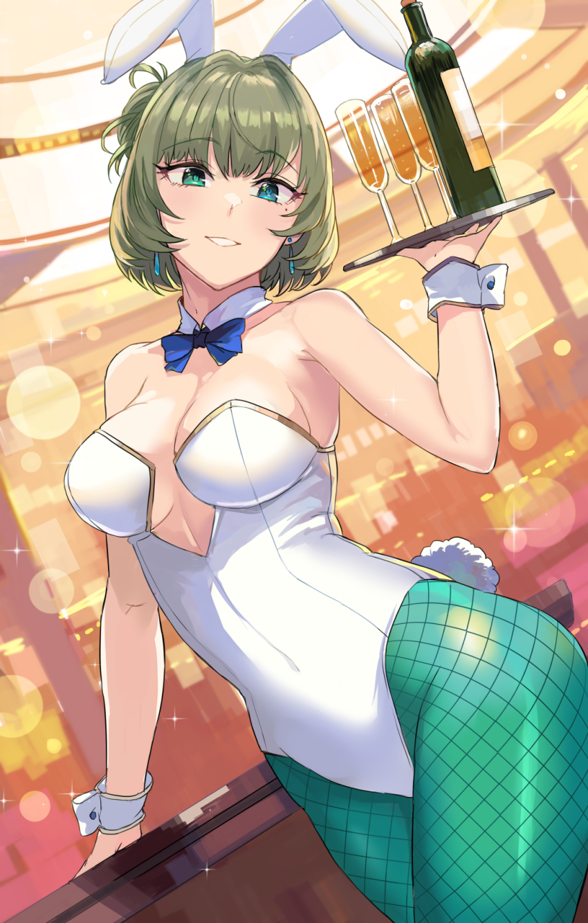 1girl animal_ears ashita_(2010) bare_shoulders blue_eyes blush bow bowtie breasts cleavage covered_navel detached_collar fake_animal_ears fishnet_pantyhose fishnets green_eyes green_hair heterochromia highleg highleg_leotard highres idolmaster large_breasts leotard looking_at_viewer mole mole_under_eye pantyhose playboy_bunny ponytail rabbit_ears rabbit_tail short_hair short_ponytail smile solo tail takagaki_kaede thighs white_leotard wrist_cuffs