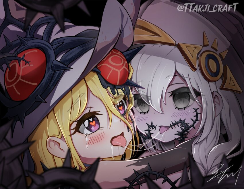 2girls astellar_of_the_white_forest blonde_hair brown_hat diabellstar_the_black_witch diabellze_the_original_sinkeeper duel_monster elzette_of_the_white_forest empty_eyes grey_eyes grey_hair hat heart heart-shaped_pupils highres multiple_girls open_mouth plant purple_eyes saliva saliva_trail symbol-shaped_pupils tears thorns tongue tongue_out ttakji_craft twitter_username vines white_hat yu-gi-oh! yuri