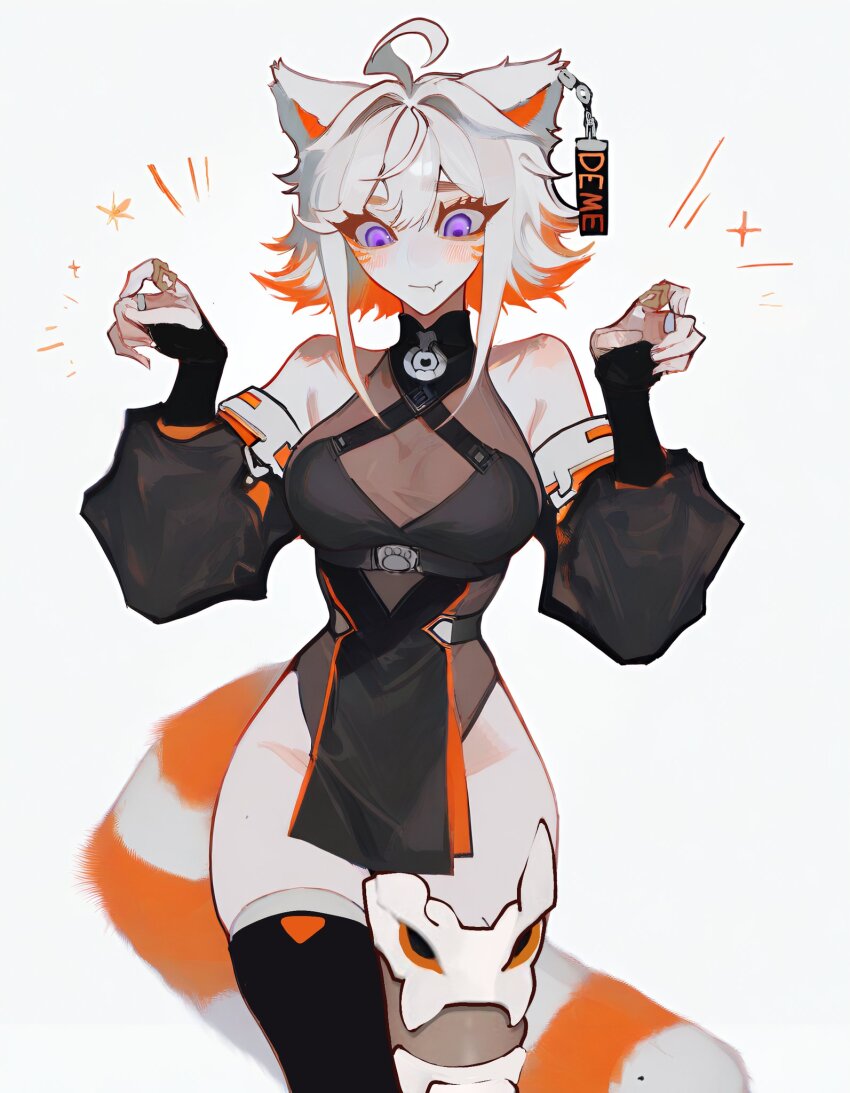 1girl ahoge animal_ears blush breasts demenishki detached_sleeves fang highres indie_virtual_youtuber jewelry medium_breasts multicolored_hair orange_hair purple_eyes raccoon_tail ring solo tail thighs virtual_youtuber white_hair zandorii