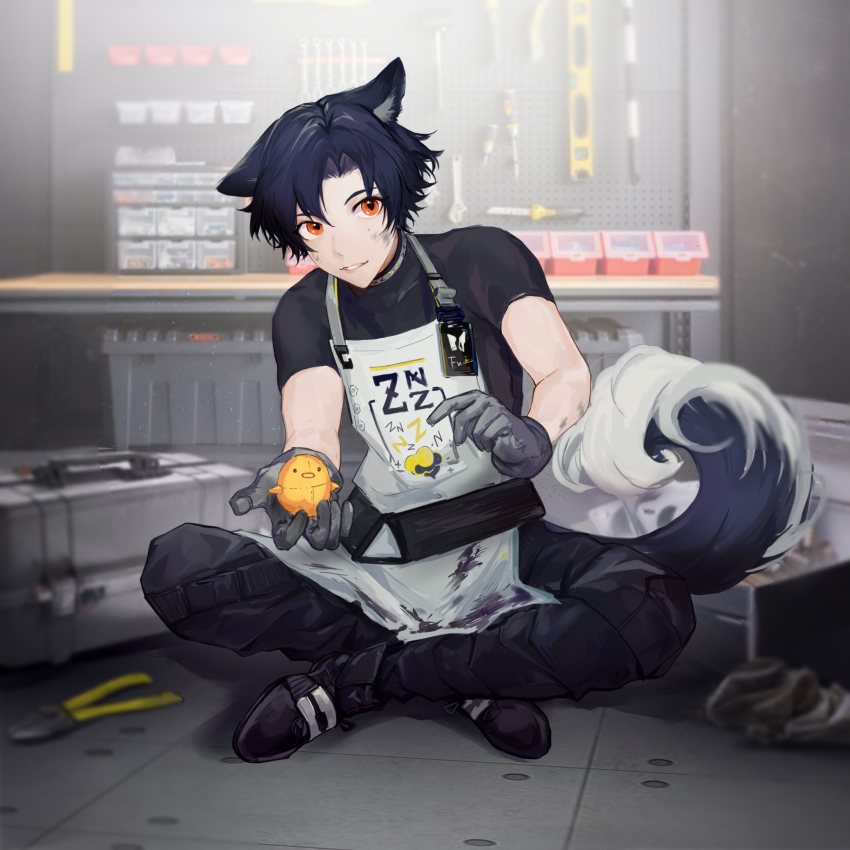 1boy animal_ears apron arknights black_footwear black_gloves black_hair black_pants black_shirt blurry depth_of_field dirty dirty_clothes dirty_face dog_boy dog_ears dog_tail full_body gloves grin highres holding id_card indian_style indoors infection_monitor_(arknights) looking_at_viewer male_focus on_floor orange_eyes pants shirt shisi_(qh19984) short_hair short_sleeves sitting smile solo tail white_apron windflit_(arknights) workshop