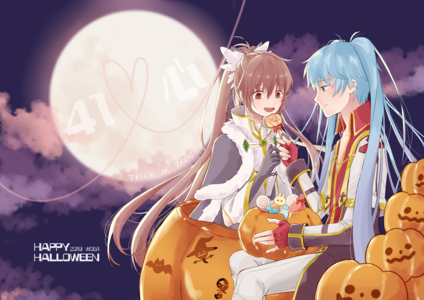 1boy 1girl 2019 arch_bishop_(ragnarok_online) black_cape blue_eyes blue_hair bow brown_eyes brown_hair cape capelet closed_mouth cloud collared_shirt commentary dress fingerless_gloves full_moon fur-trimmed_cape fur_trim gloves gold_trim hair_bow happy_halloween heart heart_of_string jack-o&#039;-lantern long_hair looking_at_another moon official_alternate_costume open_mouth pants pumpkin purple_sky ragnarok_online red_gloves red_shirt shirt sky smile upper_body w051 warlock_(ragnarok_online) white_bow white_capelet white_dress white_pants