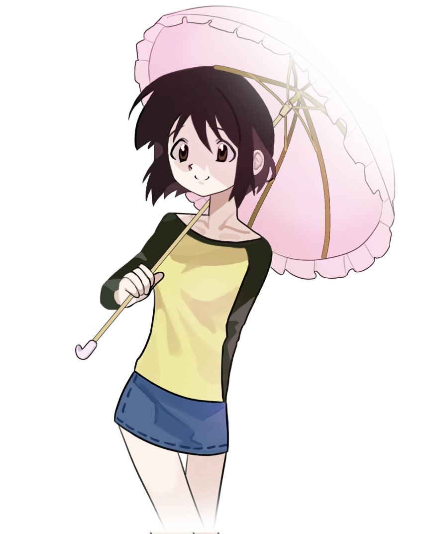 1girl apopri brown_eyes brown_hair commentary cropped_legs denim denim_skirt highres holding holding_umbrella long_sleeves nakahara_misaki nhk_ni_youkoso! short_hair skirt smile solo umbrella