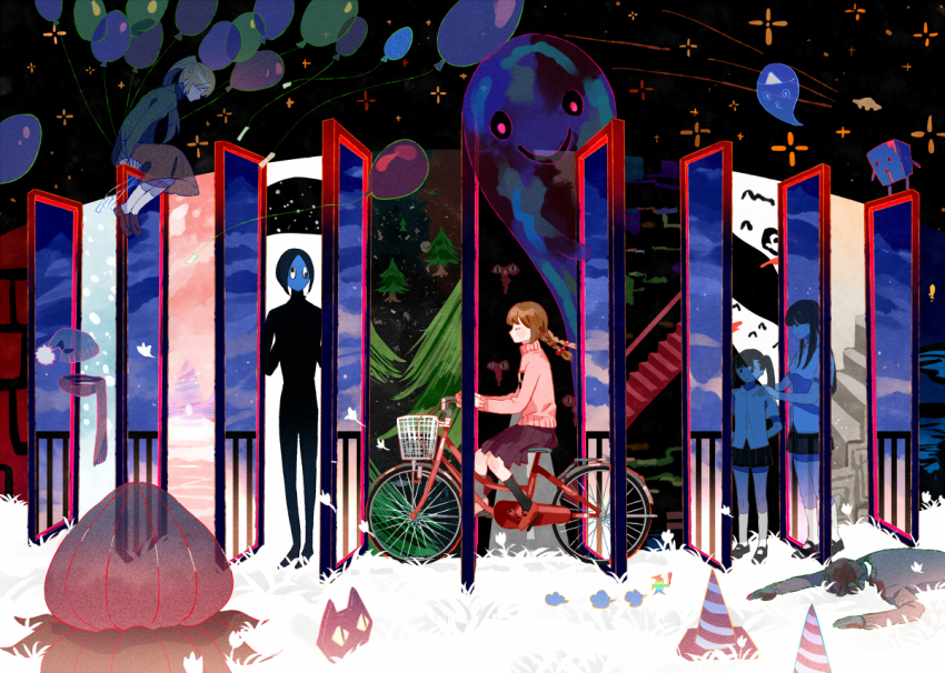 &lt;|&gt;_&lt;|&gt; 2boys 5girls abstract balloon beanie bicycle black_footwear black_legwear blonde_hair blue_skin braid brown_hair brown_skirt character_request closed_eyes collared_shirt colored_skin creature cube getiao ghost grass hands_on_another&#039;s_shoulders hat invisible kyukkyu-kun long_hair looking_at_another lying madotsuki mary_janes miniskirt monoe monoko monster multiple_boys multiple_girls night night_sky on_ground on_stomach outstretched_hand pine_tree pink_sweater pleated_skirt poniko portal_(object) profile purple_skirt railing red_footwear scarf sekomumasada_sensei shirt shoes sitting skirt sky smile snow snowing socks stairs standing sunset sweater traffic_cone transparent tree twin_braids twintails uboa wall-eyed white_legwear yume_nikki