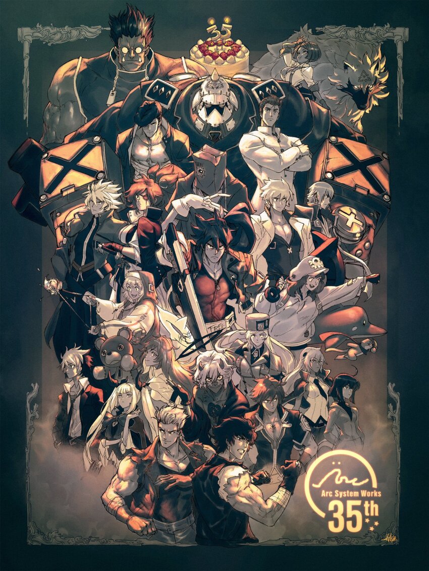 anniversary arc_system_works baiken billy_lee blazblue bridget_(guilty_gear) cake commentary company_connection crossover david_liu double_dragon english_commentary faust_(guilty_gear) food giovanna_(guilty_gear) guilty_gear guilty_gear_strive happy_chaos highres iron_tager jack-o&#039;_valentine jimmy_lee kido_hyde kisaragi_jin kunio-kun kunio-kun_series ky_kiske linne_(under_night_in-birth) looking_at_viewer may_(guilty_gear) millia_rage monochrome mr._dolphin_(guilty_gear) multiple_boys multiple_crossover multiple_girls muscular muscular_male naoto_kurogane noel_vermillion potemkin_(guilty_gear) rachel_alucard ragna_the_bloodedge rei_(guilty_gear) riki_(kunio-kun) roger_(guilty_gear) serious smile sol_badguy torn_clothes torn_sleeves under_night_in-birth