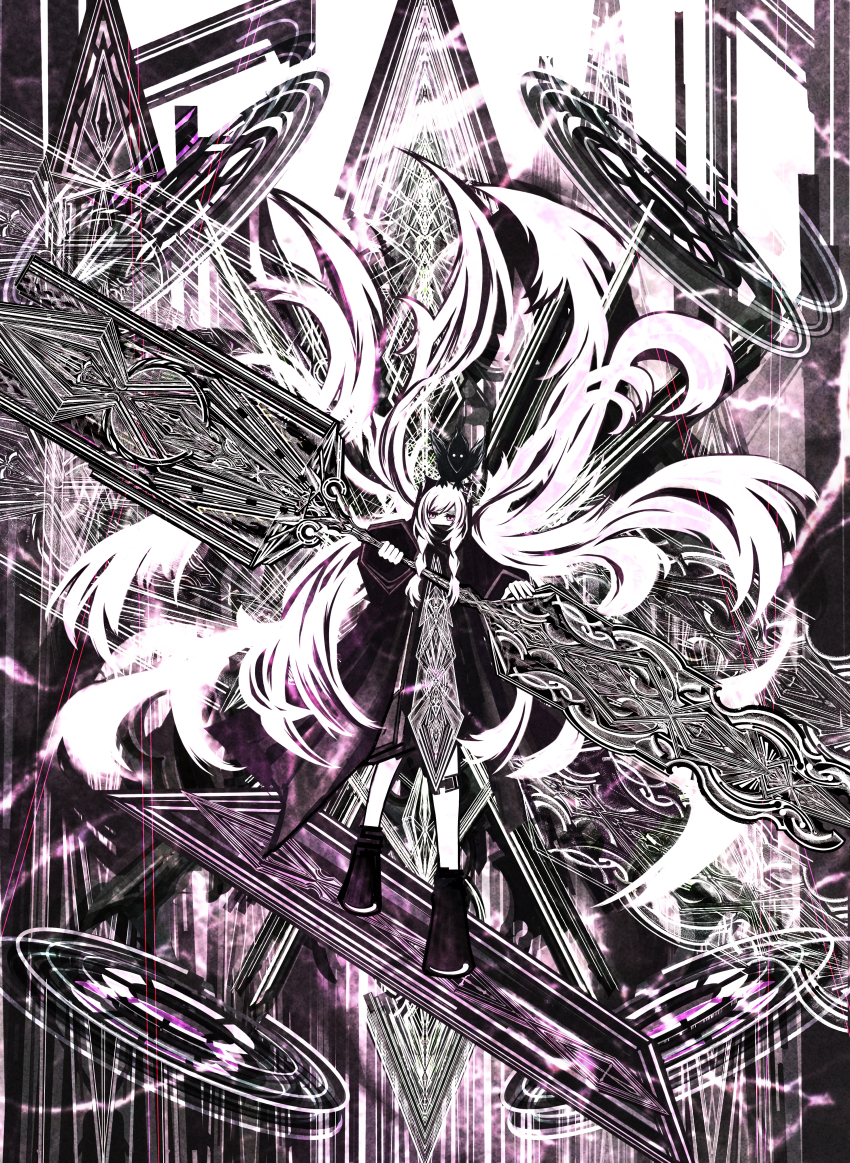 1girl absurdly_long_hair absurdres braid floating floating_object highres holding holding_weapon huge_weapon long_hair looking_at_viewer original pink_theme riz_kira solo tabard twin_braids very_long_hair weapon