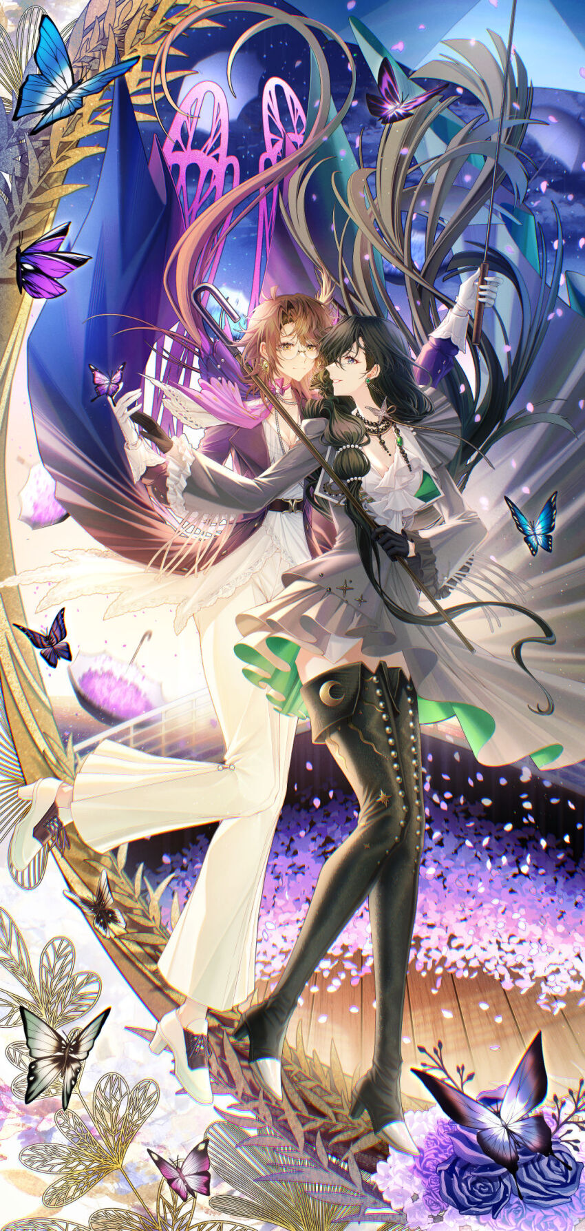 2girls arm_up behind_another black_boots black_gloves black_hair blue_butterfly boots brown_hair bug butterfly cane coat earrings floating_hair flower fold-over_boots full_body gloves green_butterfly grey_jacket grey_skirt grin hands_up high-low_skirt high_heels highres holding holding_cane holding_umbrella insect isolde_(and_all_that_jazz)_(reverse:1999) isolde_(reverse:1999) jacket jewelry kakania_(reverse:1999) kakania_(seminars_on_serenity)_(reverse:1999) leg_up long_hair long_sleeves looking_at_another multiple_girls neckerchief official_alternate_costume pants profile purple_butterfly purple_coat purple_eyes purple_flower purple_neckerchief purple_rose reverse:1999 rose shirt shoes sieka_(piiroinardesco) skirt smile standing standing_on_one_leg thigh_boots turning_head umbrella very_long_hair white_gloves white_pants white_shirt white_shoes