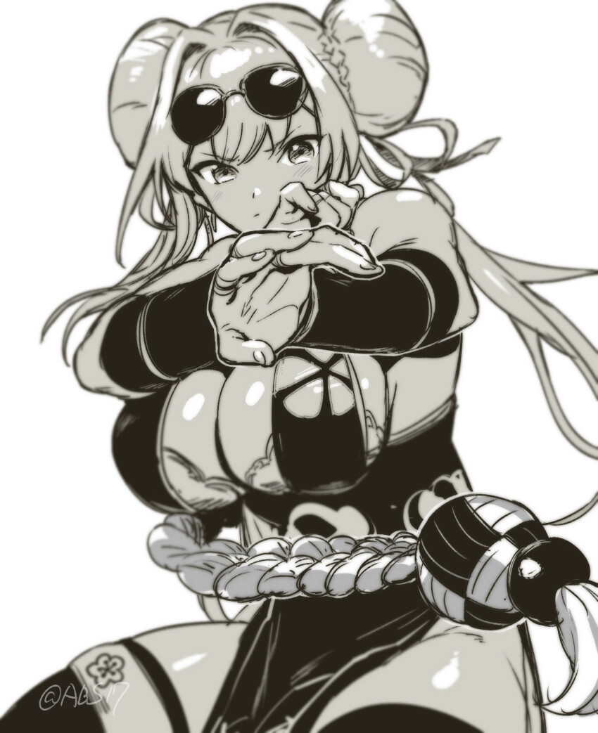 1girl aoba_(smartbeat) azur_lane breasts bremerton_(azur_lane) bremerton_(kung_fu_cruiser)_(azur_lane) china_dress chinese_clothes cleavage clothing_cutout detached_sleeves double_bun dress eyewear_on_head fighting_stance greyscale hair_bun highleg highres kung_fu large_breasts long_hair looking_at_viewer monochrome official_alternate_costume pelvic_curtain rope_belt sidelocks solo sunglasses thighhighs thighs
