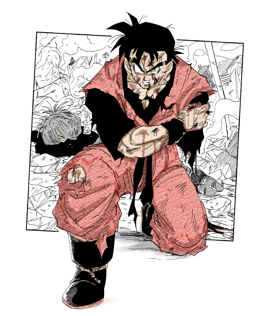 2boys amputee battle_damage black_hair black_shirt blood blood_from_forehead dougi dragon_ball dragonball_z fenyon highres limited_palette multiple_boys muscular muscular_male on_one_knee orange_pants orange_shirt pants partially_colored shirt short_hair solo_focus son_gohan son_gohan_(future) spiked_hair trunks_(dragon_ball) trunks_(future)_(dragon_ball)