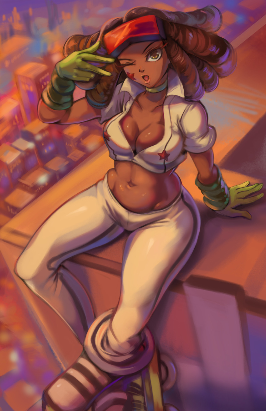 1girl absurdres breasts brown_eyes brown_hair choker city cleavage collarbone crop_top dark-skinned_female dark_skin day eyelashes eyewear_on_head facial_tattoo female_focus gloves goggles green_choker green_gloves groin hand_up head_tilt highres jet_set_radio long_hair looking_at_viewer medium_breasts midriff navel one_eye_closed open_mouth outdoors pants piranha_(jsr) red-tinted_eyewear roller_skates rooftop sega shirt short_sleeves sitting skates solo star_(symbol) star_tattoo stomach tattoo tinted_eyewear toasty_scones toned w white_footwear white_pants white_shirt wink y2k_fashion