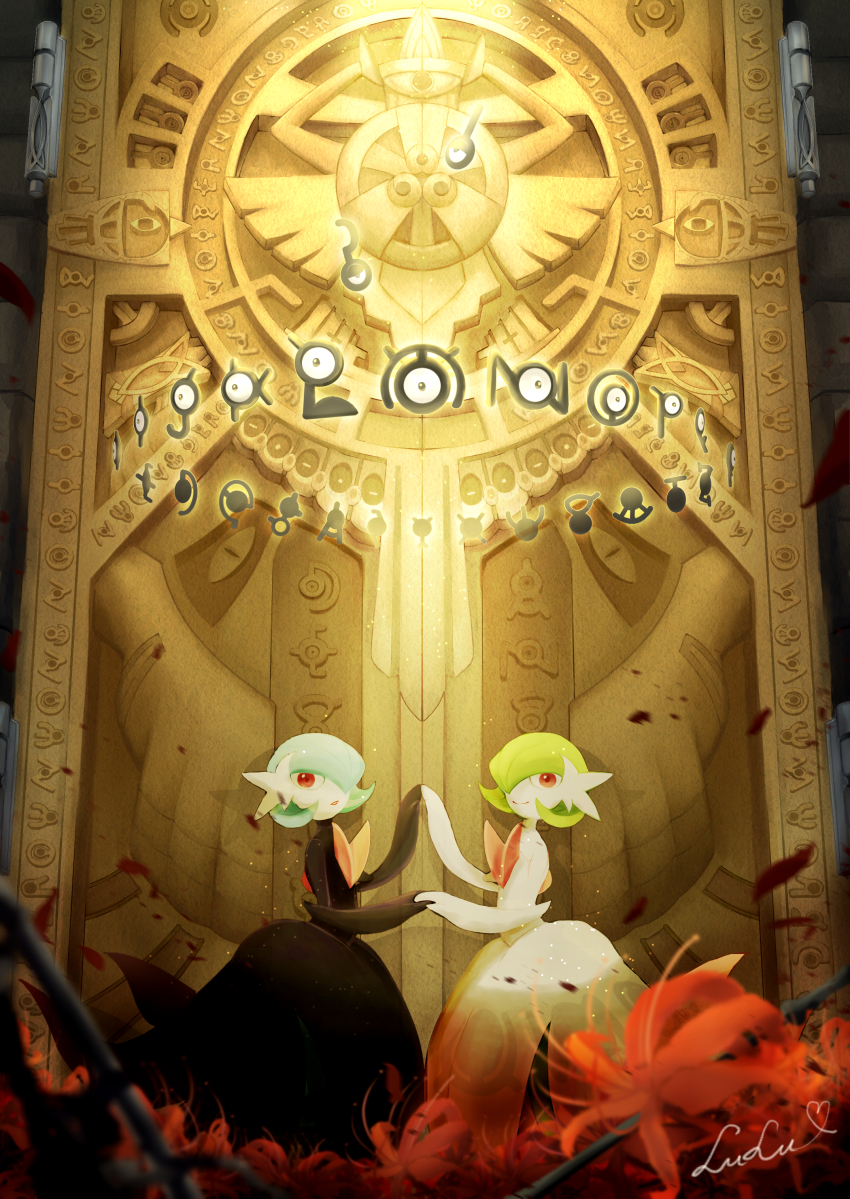 2girls absurdres aegislash alternate_color artist_request black_eyes blue_hair door female_focus floating flower from_side gardevoir gen_2_pokemon gen_3_pokemon gen_6_pokemon glowing green_hair hair_over_one_eye hands_up heart highres holding_hands looking_at_viewer mega_gardevoir mega_pokemon multiple_girls nintendo pokemon pokemon_(creature) pokemon_gsc pokemon_rse pokemon_xy red_eyes red_flower shiny_and_normal shiny_pokemon short_hair signature smile standing text_focus unown unown_! unown_? unown_a unown_b unown_c unown_d unown_e unown_f unown_g unown_h unown_i unown_j unown_k unown_l unown_m unown_n unown_o unown_p unown_q unown_r unown_s unown_t unown_u unown_v unown_w unown_x unown_y unown_z xatu