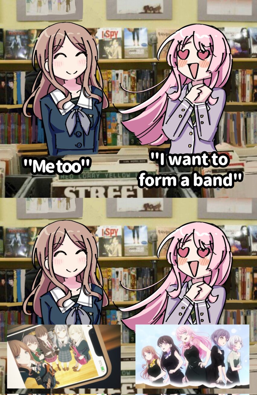 2girls :d ^_^ anime_screenshot_inset arms_at_sides bang_dream! bang_dream!_it&#039;s_mygo!!!!! blazer blue_shirt blush brown_hair buttons chihaya_anon closed_eyes commentary contrast cropped_torso english_commentary english_text floating_hair grey_jacket grey_neckerchief hands_up haneoka_school_uniform heart heart-shaped_eyes highres jacket long_sleeves multiple_girls nagasaki_soyo neckerchief open_mouth own_hands_together photo_background pink_hair school_uniform screenshot_inset shirt smile split_mouth tsukinomori_school_uniform vickipae_tuna winter_uniform