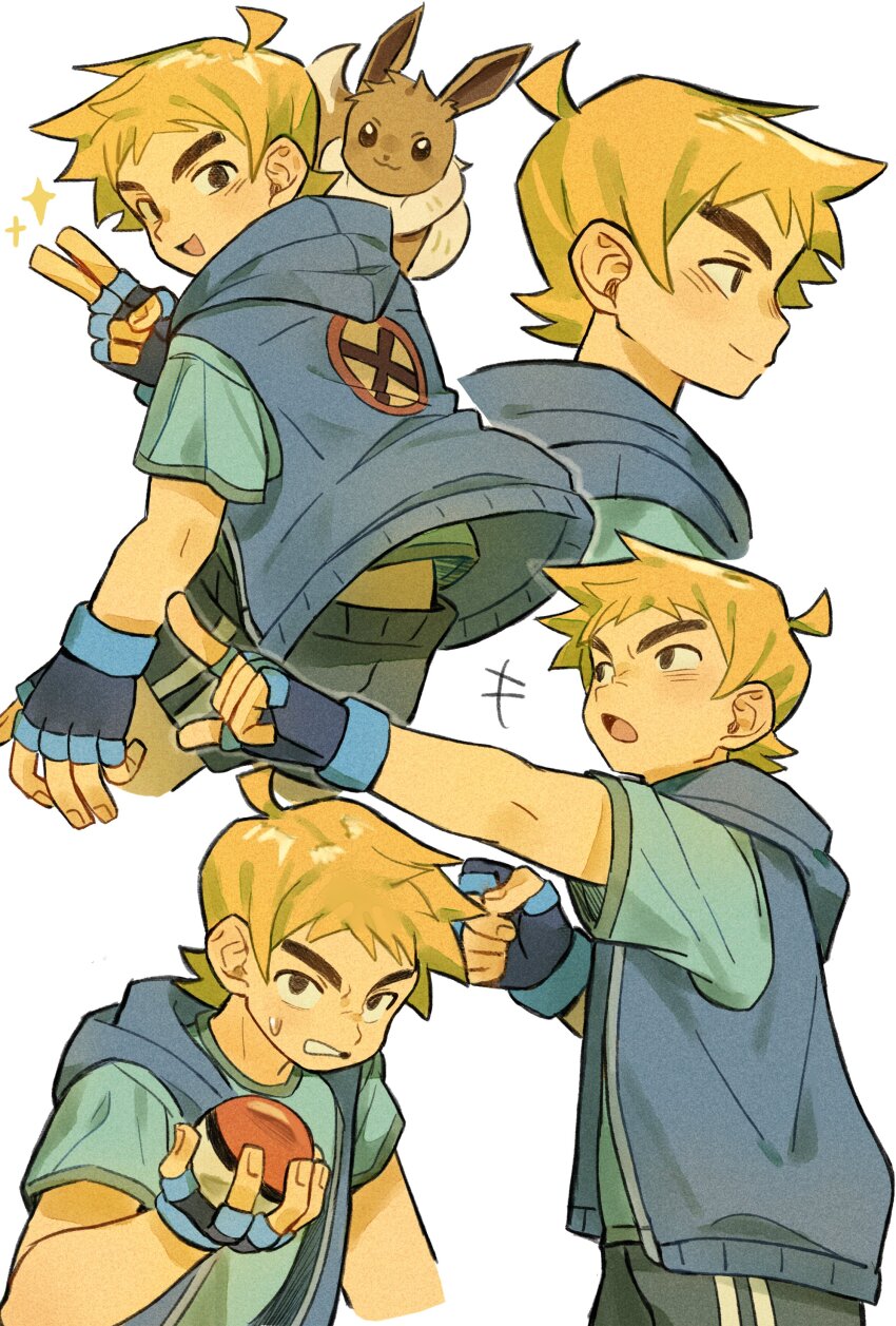1boy :d absurdres ahoge aqua_shirt black_eyes blonde_hair blue_gloves blue_hoodie cosplay crossover eevee fingerless_gloves gen_1_pokemon gloves highres holding holding_poke_ball hood hood_down hoodie looking_at_viewer male_focus multiple_views nintendo open_mouth poke_ball poke_ball_(basic) pokemon pokemon_(creature) scott_pilgrim scott_pilgrim_(series) shirt short_hair short_sleeves simple_background sleeveless sleeveless_hoodie smile sparkle sweatdrop v v-shaped_eyebrows white_background xxyang4747