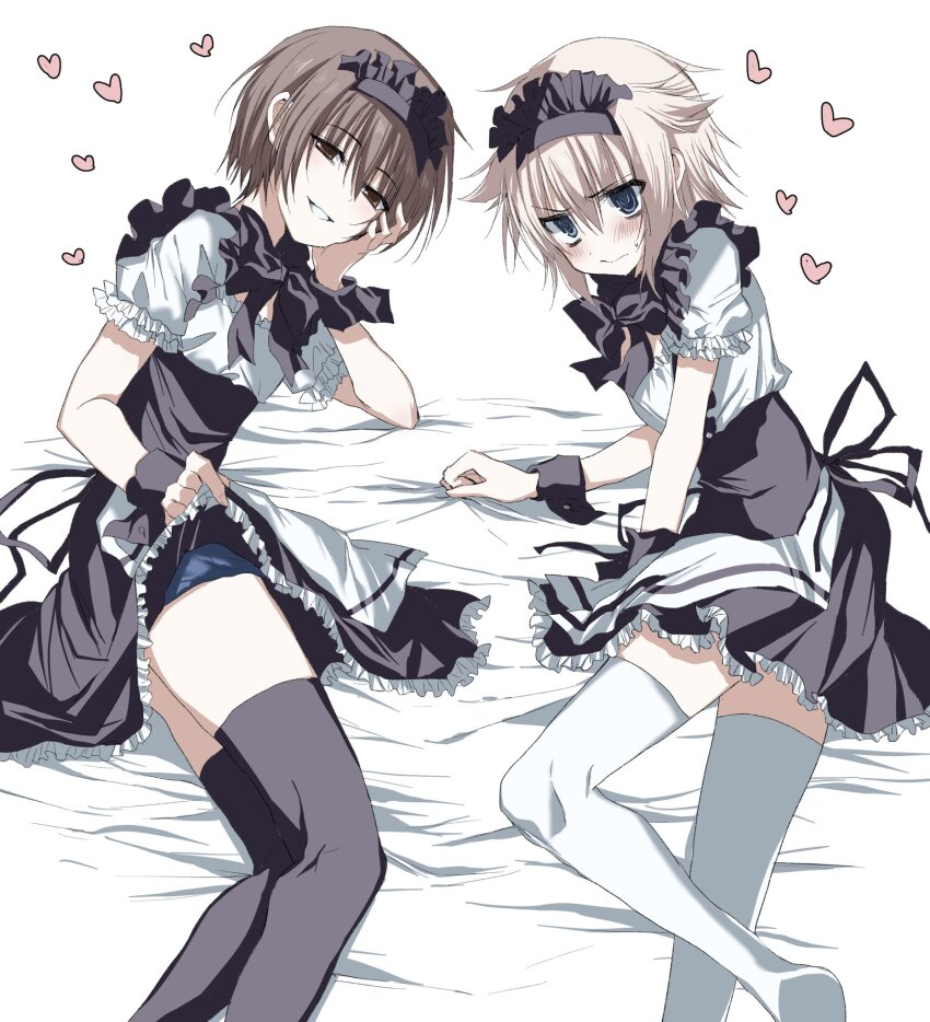 2boys @_@ apron arm_support bed_sheet black_collar black_dress black_headdress black_thighhighs black_wrist_cuffs blue_eyes blue_male_underwear blush boxers brown_eyes brown_hair choppy_bangs closed_mouth clothes_lift collar crossdressing dot_nose dress embarrassed feet_out_of_frame frilled_collar frilled_dress frilled_sleeves frills hair_between_eyes hair_flaps heart highres kasukasugom1 kusanagi_naoya lifting_own_clothes looking_at_viewer lying maid maid_apron maid_headdress male_underwear multiple_boys natsume_kei_(sakura_no_uta) no_shoes on_bed on_side puffy_short_sleeves puffy_sleeves sakura_no_uta sheet_grab short_hair short_sleeves simple_background skirt skirt_lift smile sweatdrop teeth thighhighs two-tone_dress underwear waist_apron white_apron white_background white_hair white_thighhighs wrist_cuffs zettai_ryouiki