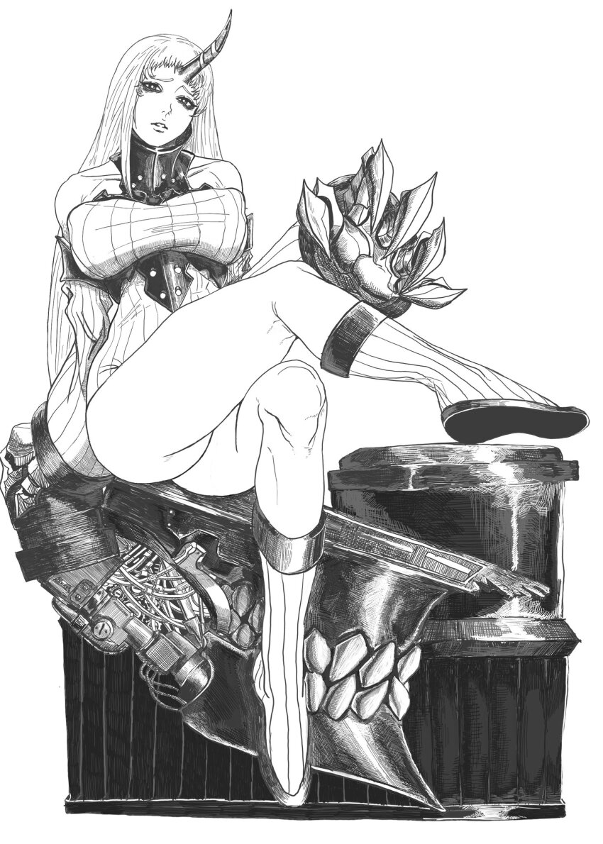 1girl abyssal_ship ass braid breasts claws covered_erect_nipples crossed_legs detached_sleeves dress greyscale highres huge_claws kantai_collection large_breasts long_hair microdress monochrome nnsee_d seaport_princess single_braid sitting solo wide_sleeves