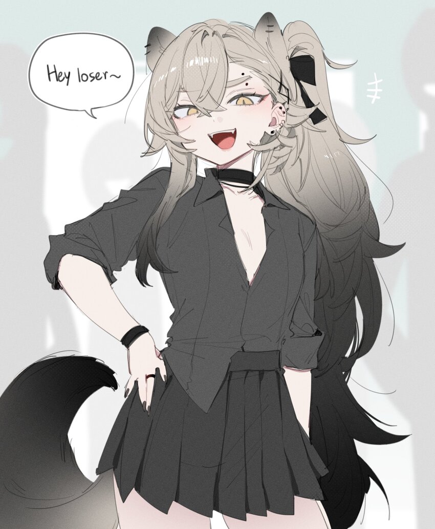 1girl animal_ears black_choker black_nails black_shirt black_skirt black_tail bracelet brown_eyes choker degrees_of_lewdity english_text eyebrow_piercing flat_chest grey_hair hand_on_own_hip highres jewelry kai_(drakkai10) long_hair open_mouth original piercing pleated_skirt ring shirt shoya_(kai_(drakkai10)) skirt solo speech_bubble tail teeth upper_teeth_only