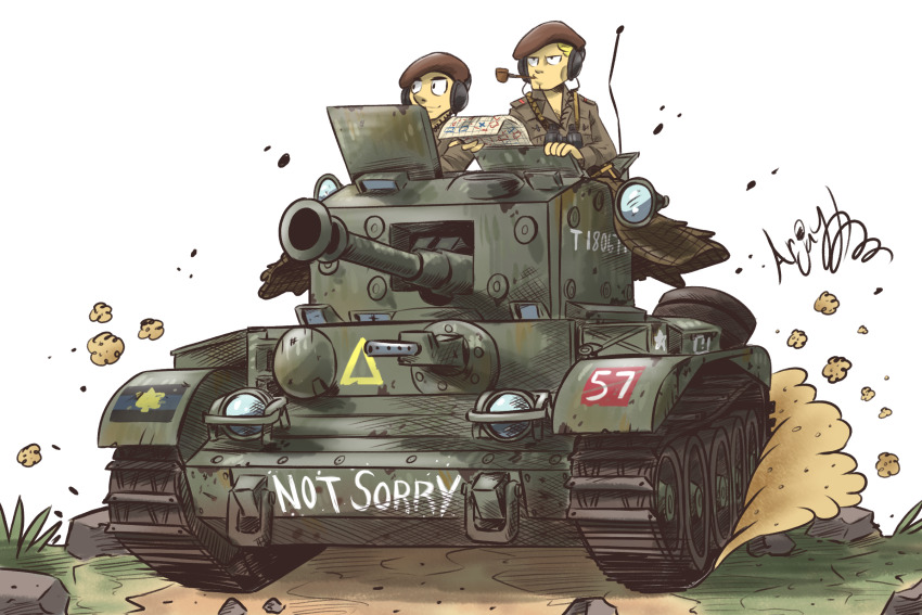 ! 2boys arjay-the-lionheart armored_vehicle artist_name beret binoculars black_eyes blonde_hair canada canadian_army caterpillar_tracks collared_shirt commentary cromwell_(tank) dirt_road dust_cloud english_commentary english_text grass grey_shirt gun hat hatch headset highres holding holding_map long_sleeves looking_to_the_side looking_up machine_gun map map_(object) military military_hat military_uniform military_vehicle motor_vehicle mouth_hold multiple_boys open_hatch original radio_antenna red_headwear road rock shirt short_hair simple_background smoking_pipe soldier star_(symbol) tank tank_turret toon_(style) triangle turret upper_body vehicle_focus very_short_hair weapon white_background world_war_ii