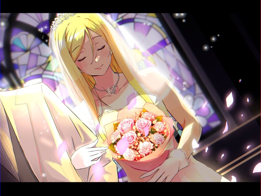 1boy 1girl alicia_florence andanden aria_(manga) bare_shoulders blonde_hair blurry blurry_background blush bouquet bridal_veil closed_eyes collarbone depth_of_field dress dutch_angle falling_petals flower gloves groom hair_between_eyes heart heart_necklace highres holding holding_bouquet jewelry letterboxed locked_arms long_hair necklace petals pink_flower rose solo_focus strapless strapless_dress tiara tuxedo veil wedding wedding_dress white_dress white_gloves