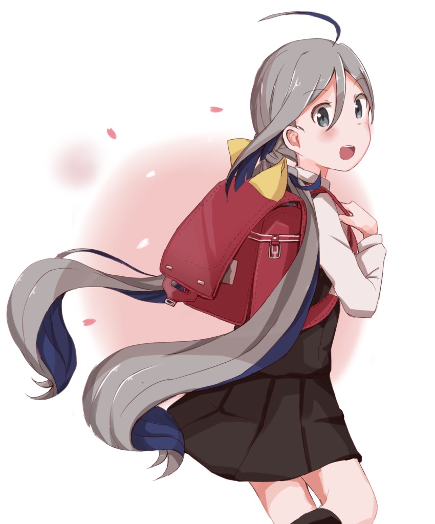 1girl ahoge alternate_costume backpack bag black_socks blue_hair commentary_request cosplay dress female_focus from_side grey_eyes grey_hair hair_between_eyes highres kantai_collection kasumi_(kancolle) kasumi_(kancolle)_(cosplay) kiyoshimo_(kancolle) kneehighs long_hair long_sleeves looking_at_viewer looking_to_the_side low_twintails multicolored_hair open_mouth petals pinafore_dress randoseru remodel_(kantai_collection) riz_(ravel_dc) shirt simple_background sleeveless sleeveless_dress socks solo twintails very_long_hair white_shirt