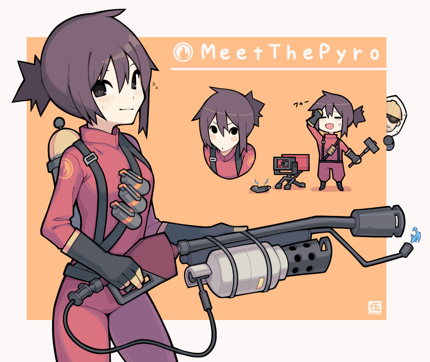 1boy 1girl absurdres black_eyes black_footwear black_gloves blu_spy_(tf2) blush_stickers bodysuit breasts brown_hair engineer_(tf2) english_text explosive fizzy_(fizzywattr) flamethrower genderswap genderswap_(otf) gloves grenade hair_between_eyes hammer highres holding holding_flamethrower holding_hammer holding_weapon looking_at_viewer mask parted_bangs pyro_(tf2) red_bodysuit red_pyro_(tf2) sentry short_hair simple_background small_breasts solo spy_(tf2) team_fortress_2 weapon