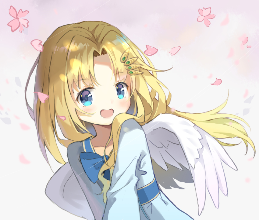 1girl :d absurdres aliter angel_wings blonde_hair blue_bow blue_dress blue_eyes blush bow collarbone commentary_request dress feathered_wings female_focus filo_(tate_no_yuusha_no_nariagari) flower grey_background hair_ornament hairclip highres long_hair looking_at_viewer open_mouth parted_bangs petals pink_flower simple_background smile solo tate_no_yuusha_no_nariagari upper_body white_wings wings