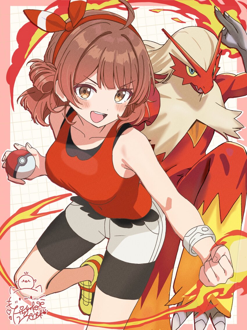 1girl absurdres ahoge bandana bike_shorts bike_shorts_under_shorts blaziken blush bow_hairband breasts brown_eyes brown_hair cosplay fire gakuen_idolmaster gen_3_pokemon gradient_hair hairband hanami_ume highres hiyoko_neneko holding holding_poke_ball idolmaster large_breasts looking_at_viewer may_(pokemon) may_(pokemon)_(cosplay) mega_ring multicolored_hair nintendo open_mouth poke_ball poke_ball_(basic) pokemon pokemon_(creature) pokemon_oras red_bandana red_shirt shirt shorts shorts_under_shorts sleeveless smile solo