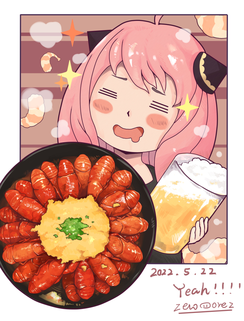 1girl =_= absurdres alcohol anya_(spy_x_family) artist_name beer beer_mug black_dress blush border bowl child chinese_commentary commentary_request crayfish cup dated dress drink drooling drunk english_text food food_focus garlic hairpods highres holding holding_cup holding_drink medium_hair mouth_drool mug open_mouth outside_border pink_hair signature smile solo sparkle spy_x_family underage_drinking white_border zeroorez