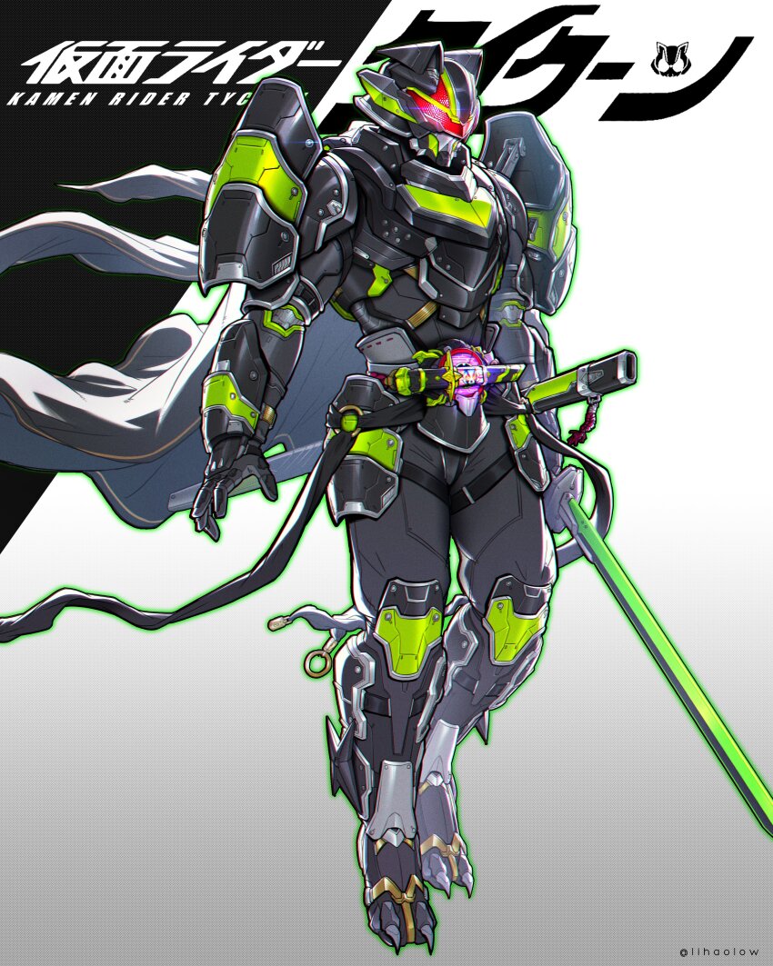 1boy absurdres armor black_armor black_helmet bujin_(geats) bujinsword_buckle character_name desire_driver full_body gradient_background grey_background helmet highres holding holding_sword holding_weapon kamen_rider kamen_rider_geats_(series) kamen_rider_tycoon kamen_rider_tycoon_bujinsword katana lihaolow male_focus power_armor red_eyes rider_belt sheath solo sword tokusatsu weapon white_background