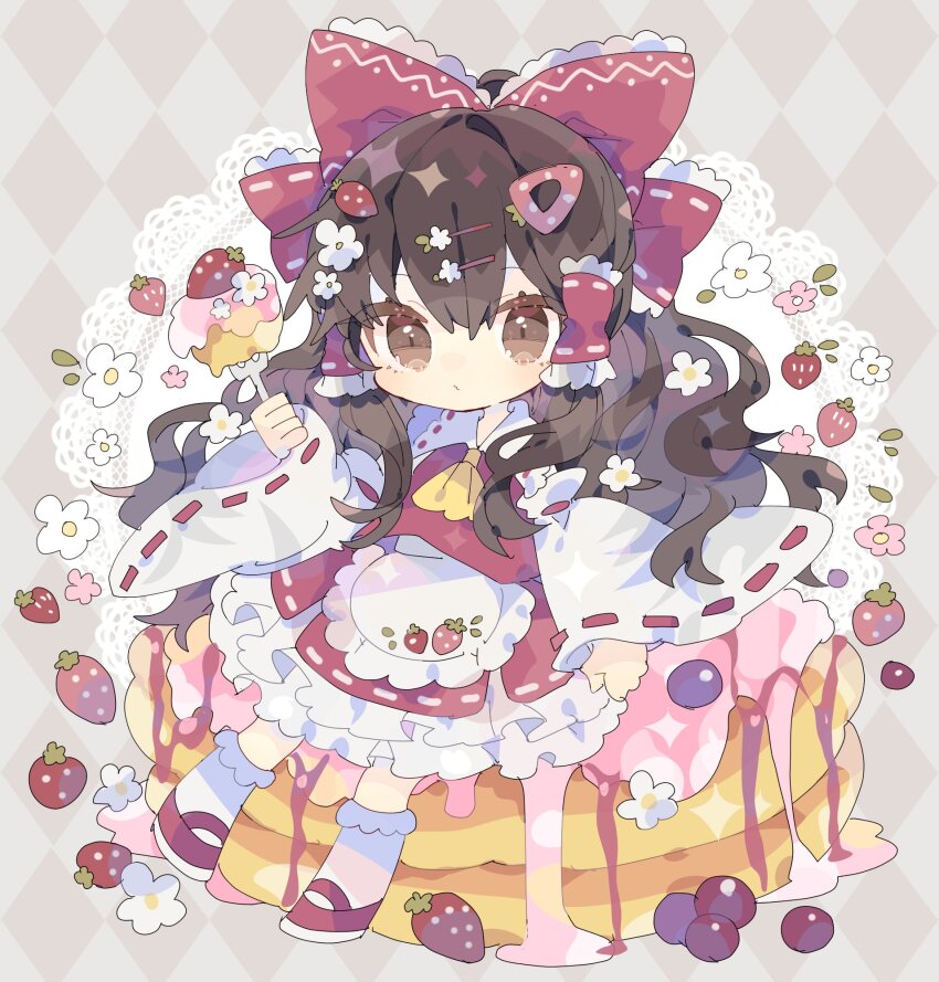 1girl apron argyle_background argyle_clothes bare_shoulders bow brown_eyes brown_hair cake closed_mouth detached_sleeves doily flower food fork frilled_apron frilled_skirt frills fruit full_body hair_bow hair_ornament hair_tubes hairclip hakurei_reimu halo highres holding holding_fork japanese_clothes long_hair looking_at_viewer nikorashi-ka nontraditional_miko red_bow red_shoes red_skirt ribbon-trimmed_sleeves ribbon_trim shoes sidelocks skirt socks solo strawberry touhou waist_apron white_apron white_flower white_sleeves white_socks wide_sleeves yellow_halo