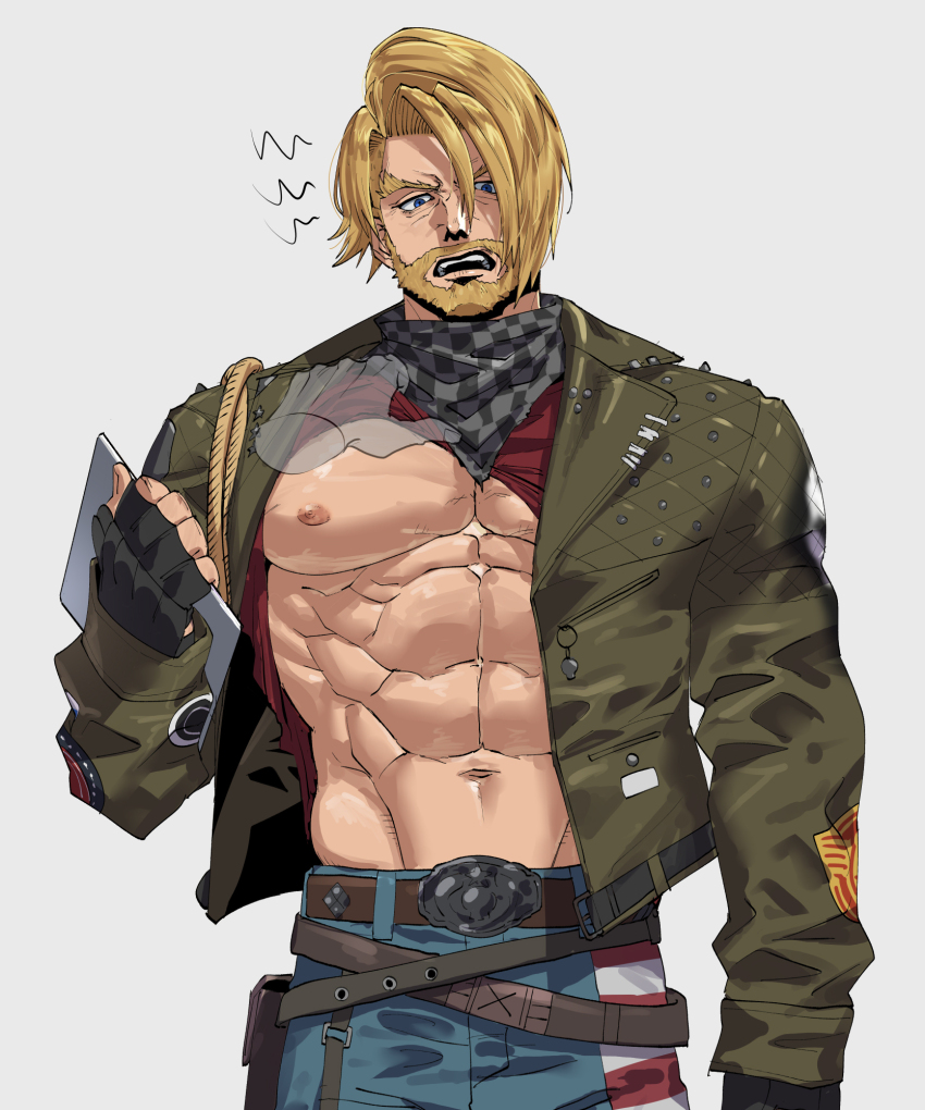 1boy 403fv abs bara bare_pectorals beard blonde_hair clothes_lift connected_beard cowboy_shot denim disembodied_hand facial_hair fingerless_gloves full_beard gloves highres jeans large_pectorals lifting_another&#039;s_clothes male_focus mature_male muscular muscular_male nipples pants paul_phoenix pectorals shirt_lift shout_lines shredded_muscles solo_focus standing tekken tekken_6 tekken_8 thick_beard thick_eyebrows