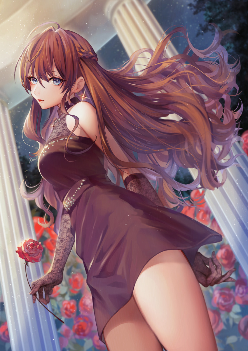 1girl ahoge arm_behind_back bare_shoulders black_dress blue_eyes braid breasts brown_hair bush collared_dress crazy_crazy_(idolmaster) dress earrings eyelashes eyeshadow female_focus flower from_below gloves hair_between_eyes head_tilt highres holding holding_flower ichinose_shiki idolmaster idolmaster_cinderella_girls idolmaster_cinderella_girls_starlight_stage jewelry lace lace-trimmed_dress lace_gloves lace_trim light_particles light_smile long_hair looking_at_viewer makeup medium_breasts night night_sky red_flower red_lips red_rose rose rose_bush sidelocks sky sleeveless sleeveless_dress solo star_(sky) starry_sky suimin_kote tree wavy_hair